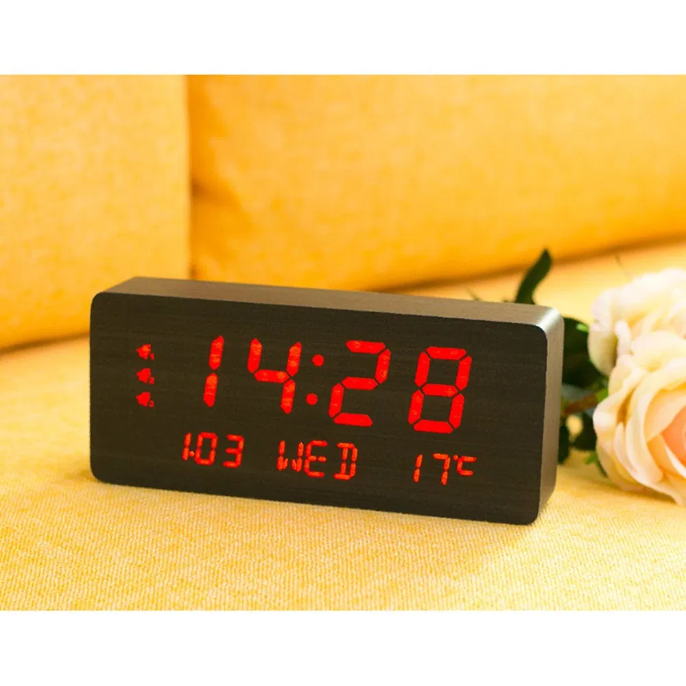 Living Room Table Wood LED Calendar Alarm Clock White LED Temperature Display