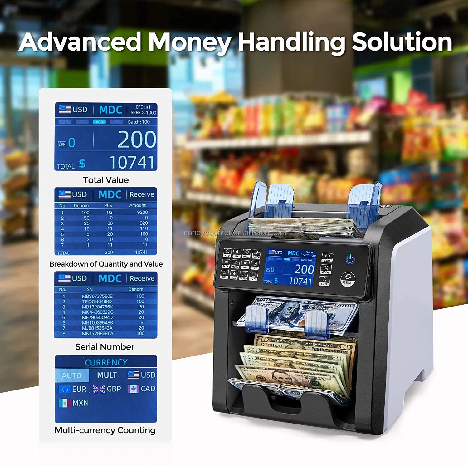 Al-950 Front Loading Counting Mix Value Bill Counter Machine Currency Counter Machine for Bank Equipment