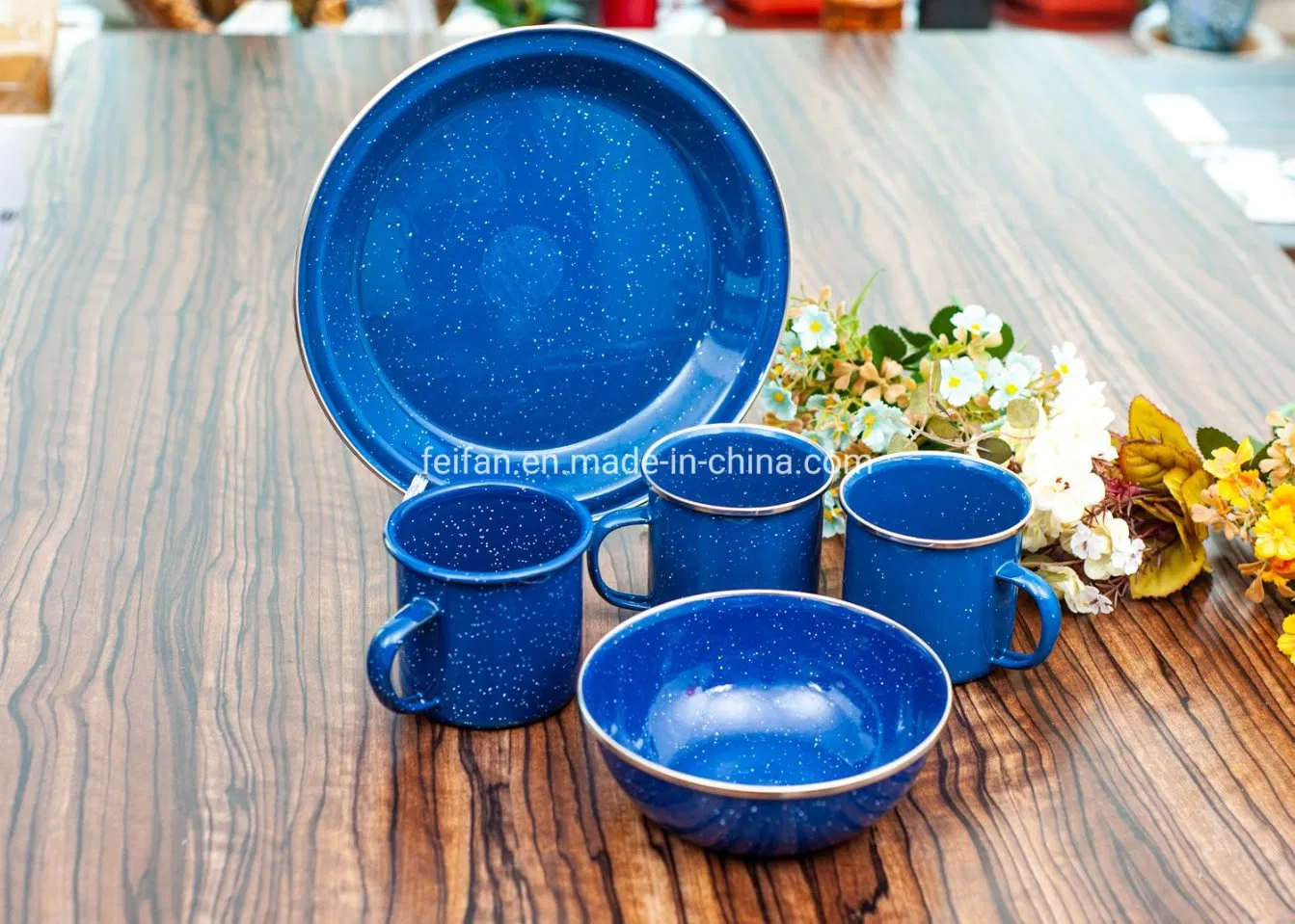 Enamel Camping Set 12PCS Dinnerware with Stainless Steel Rim