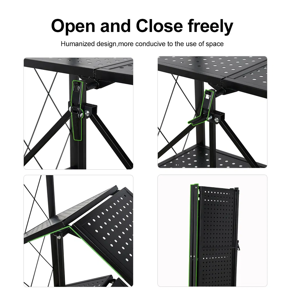 4-Tier Foldable Kitchen Standing Shelves Metal Storage Folding Rack with Wheels