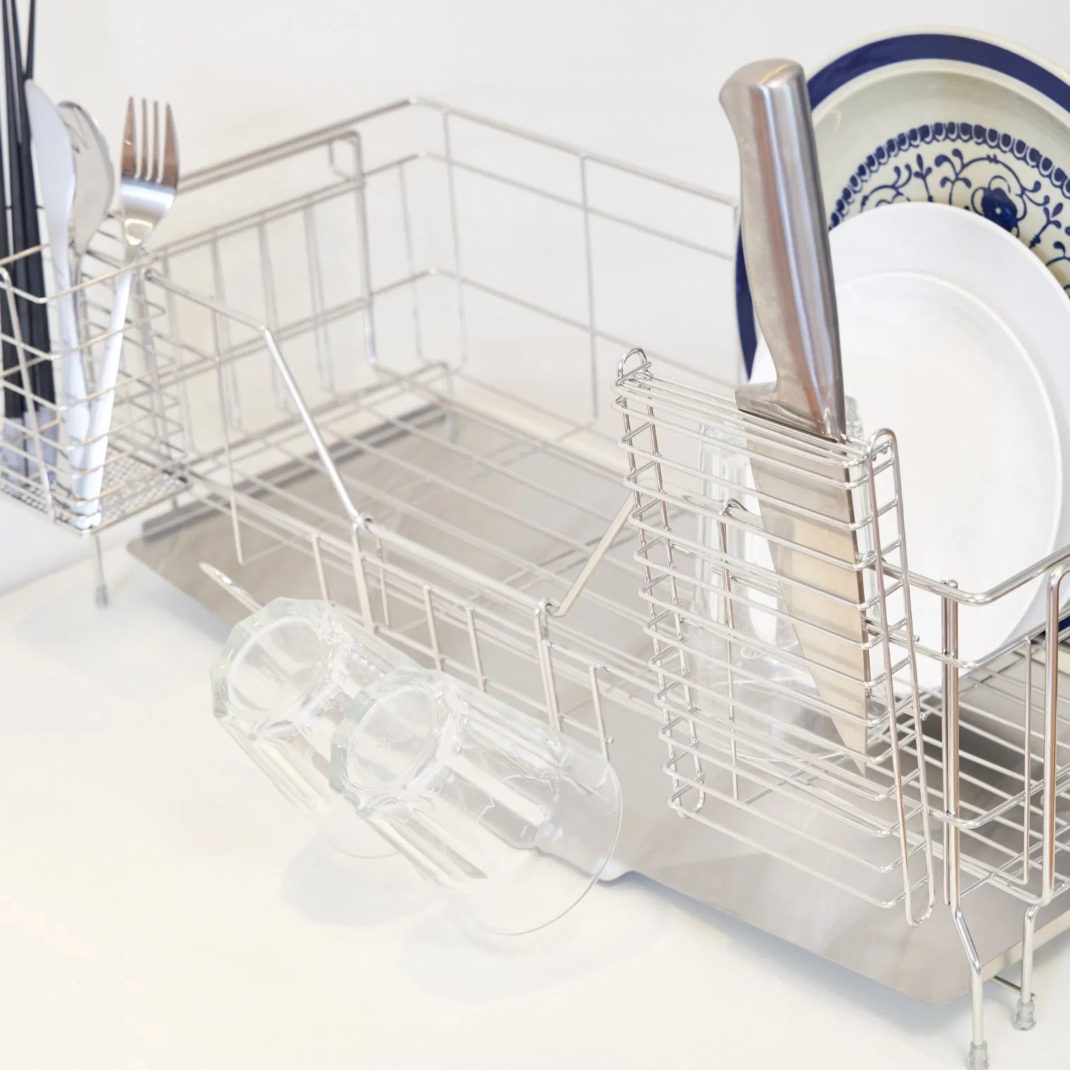 Double Layer Drainage Rack Bowl Dish Expandable Storage Kitchen Stainless Steel Dish Drainer Rack Wire Basket