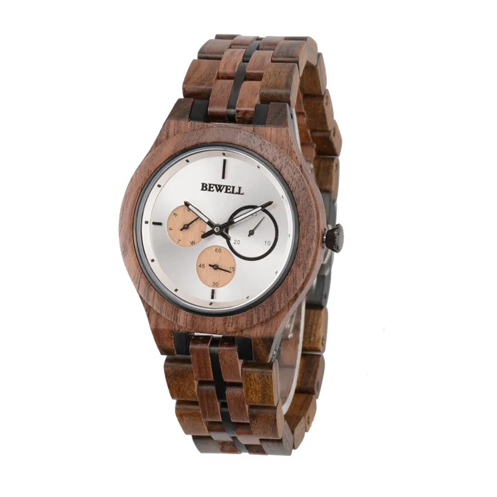 Bewell Customized Logo Wooden Watch for Men Chronograph Timepiece Private Label Wrist Watch Quartz Relojes