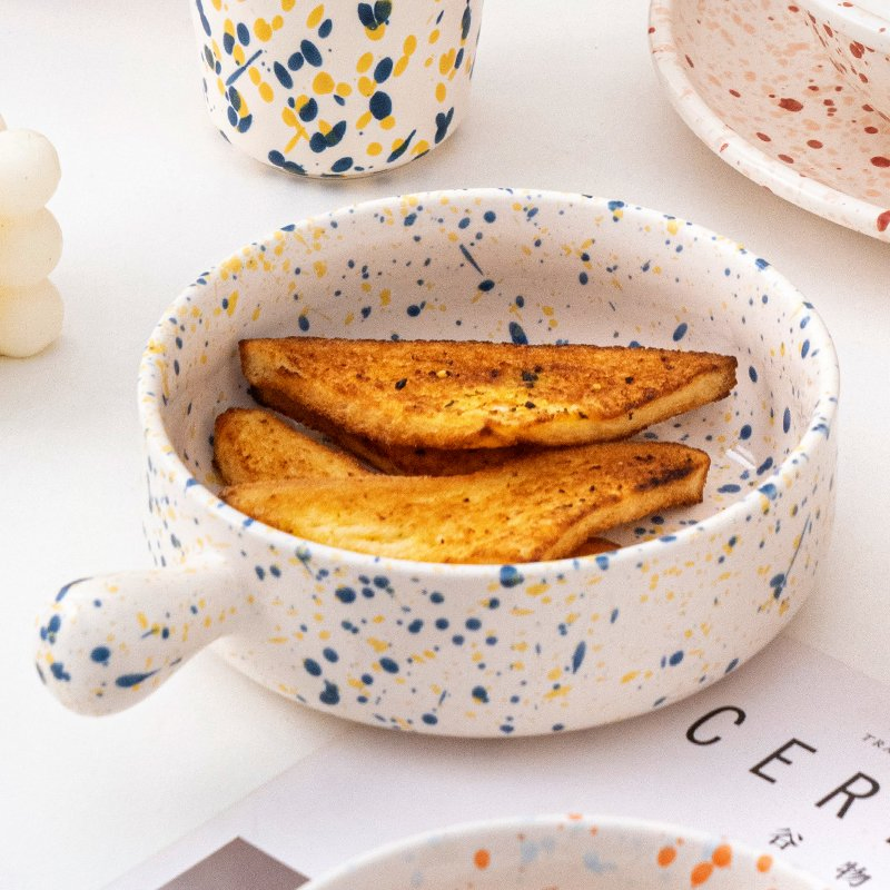 Ins Style Speckle Pattern Ceramic Bowl with Handle Home Kitchenware