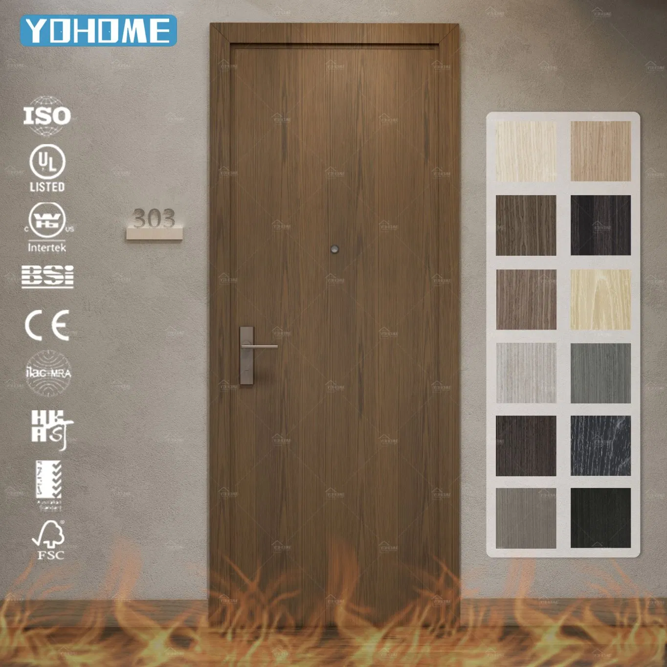 Europe Modern Simple Hotel Internal Prehung 30 60 Min Fire Rated Soundproof Wooden Apartment Room Wood Fire Door