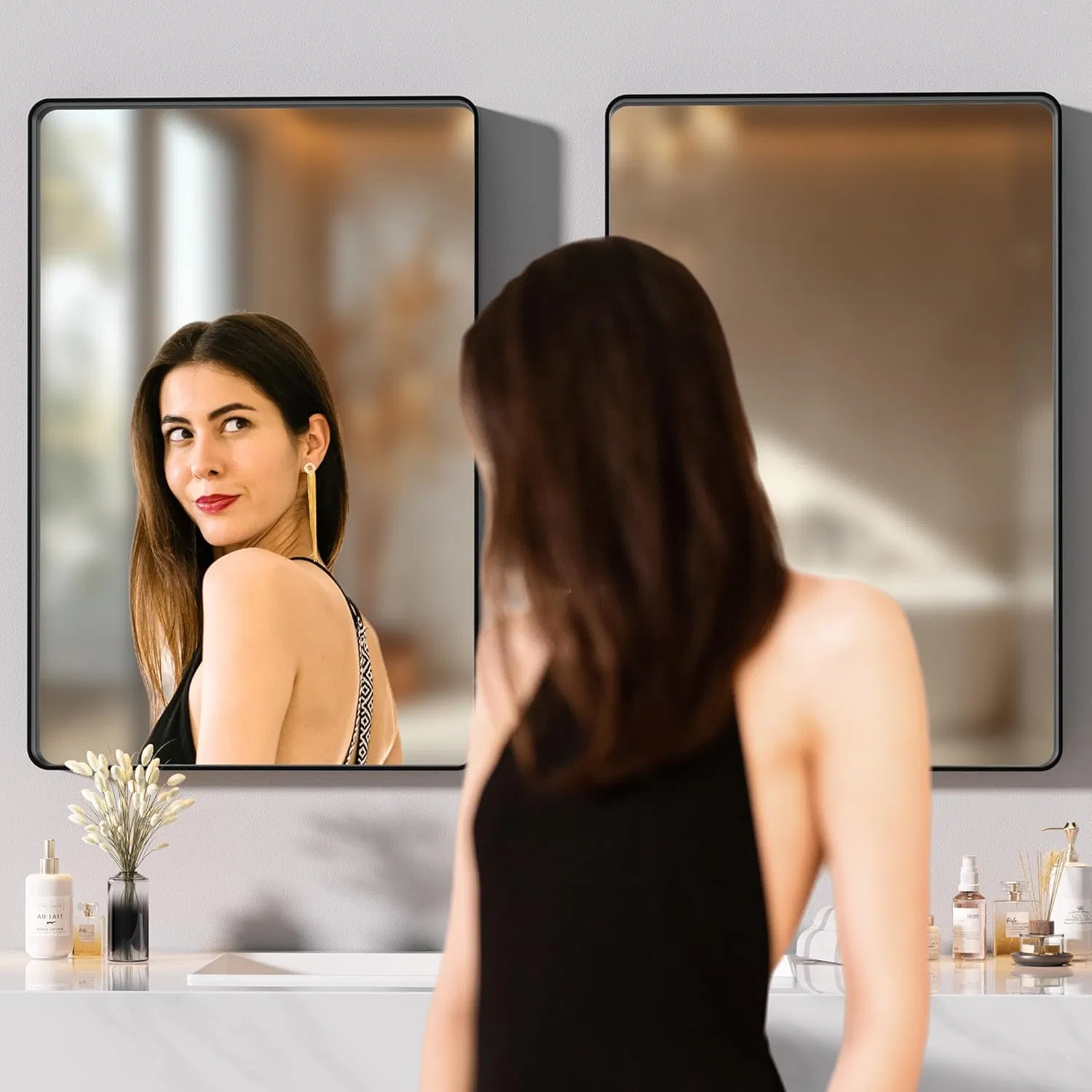 36× 28 Inch Black Metal Frame Wall-Mounted Bathroom Mirror, Rectangular Vanity Mirror, Anti-Rust, Tempered Glass