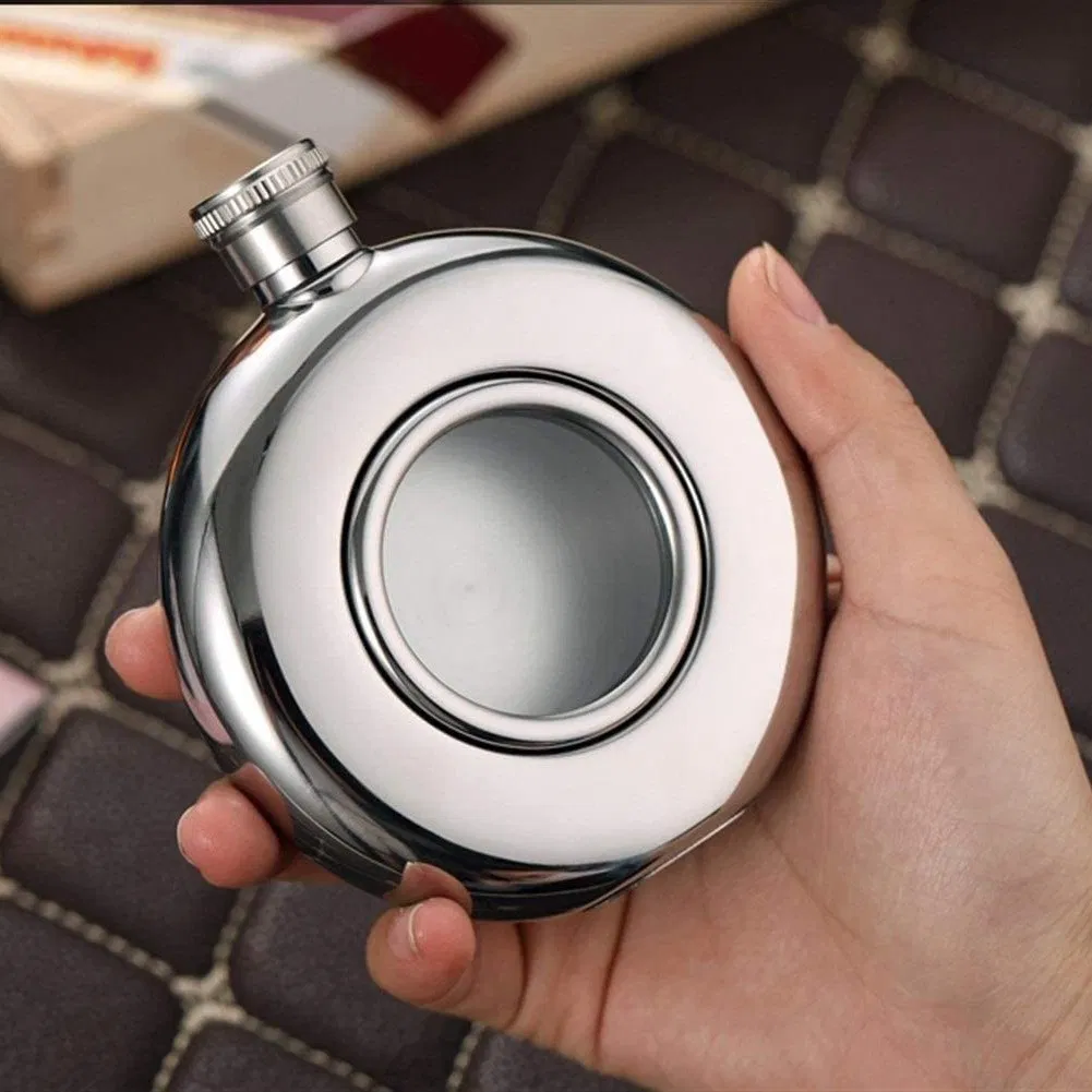 Stainless Steel Round Wine Bottle with Glass Decoration Portable Metal Wine Flask