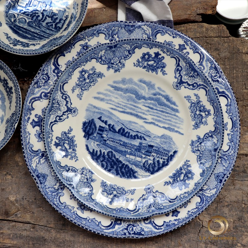 Charming Blue Romantic City Printed Ceramic Plate Soup Bowl Set Porcelainware Kitchenware Tableware