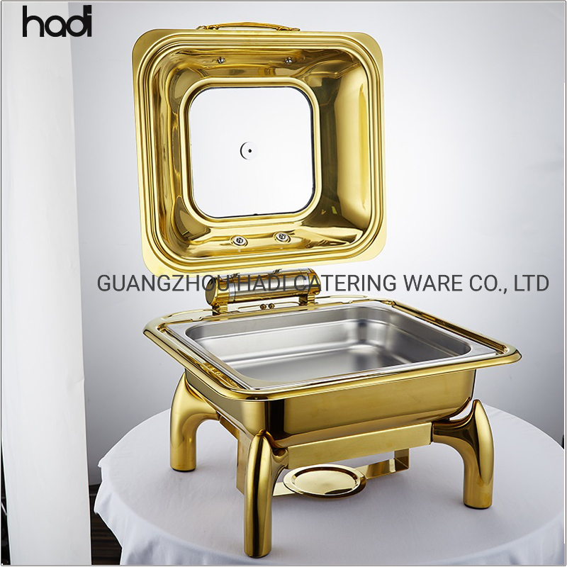 Restaurant and Hotel Supplies Food Warmer Stainless Steel Chafing Dish Roll Top Gold Plated Buffet Chafer Hydraulic Round Glass Lid Chafing Dish