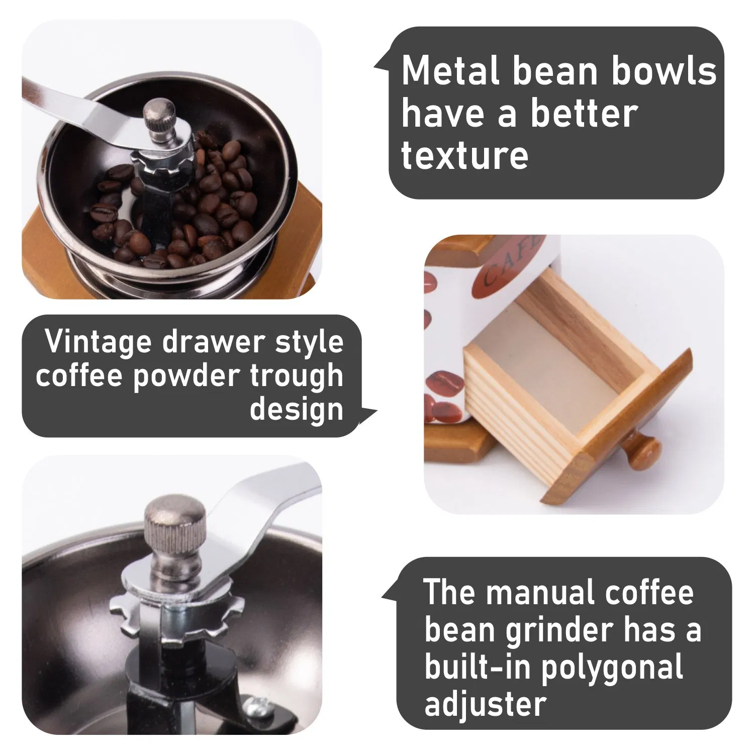 Hand-Crank Coffee-Grinder Coffee Bean Printmetal Bean Bowl Drawer Rough Built-in Knob Adjustment-Wood-Mill