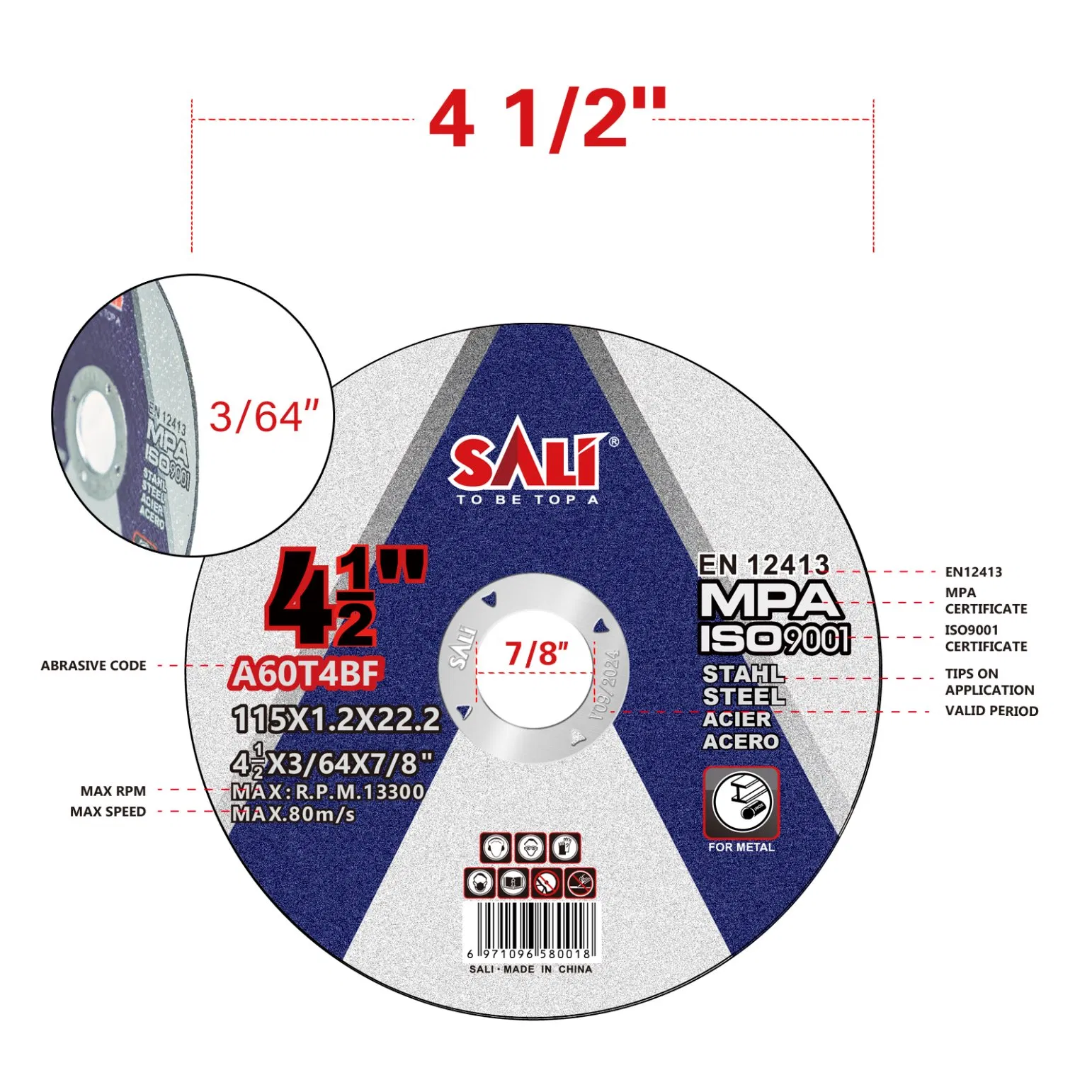 Sali 4.5inch 115*1.2*22mm Professonal Quality Metal Cutting Disc