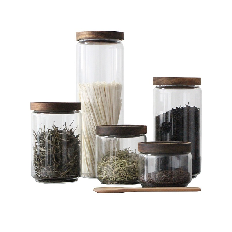 Банка для хранения из боросиликатного стекла с деревянной крышкой