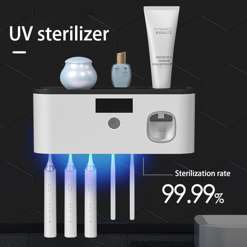 Rechargeable Bathrooms Smart Sterilizing Toothbrush Holder with Two Toothpaste Dispenser and UV Sterilizer
