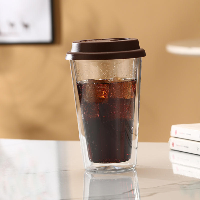 High Quality Double Walled Glass Coffee Mugs with Silicone Lids Insulated Drinking Coffee Cups
