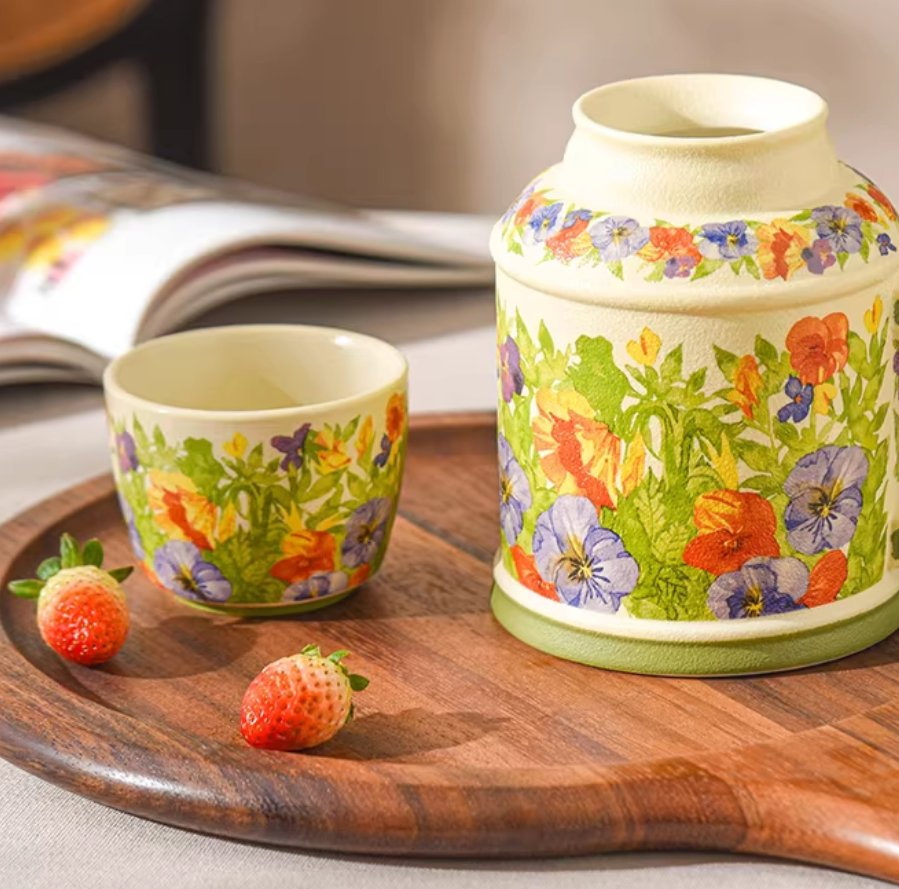 Three-Color Water Bottle Cup, Household Afternoon Tea Ceramic Cup, Office Retro Mug, Ceramic Lidded Teacup