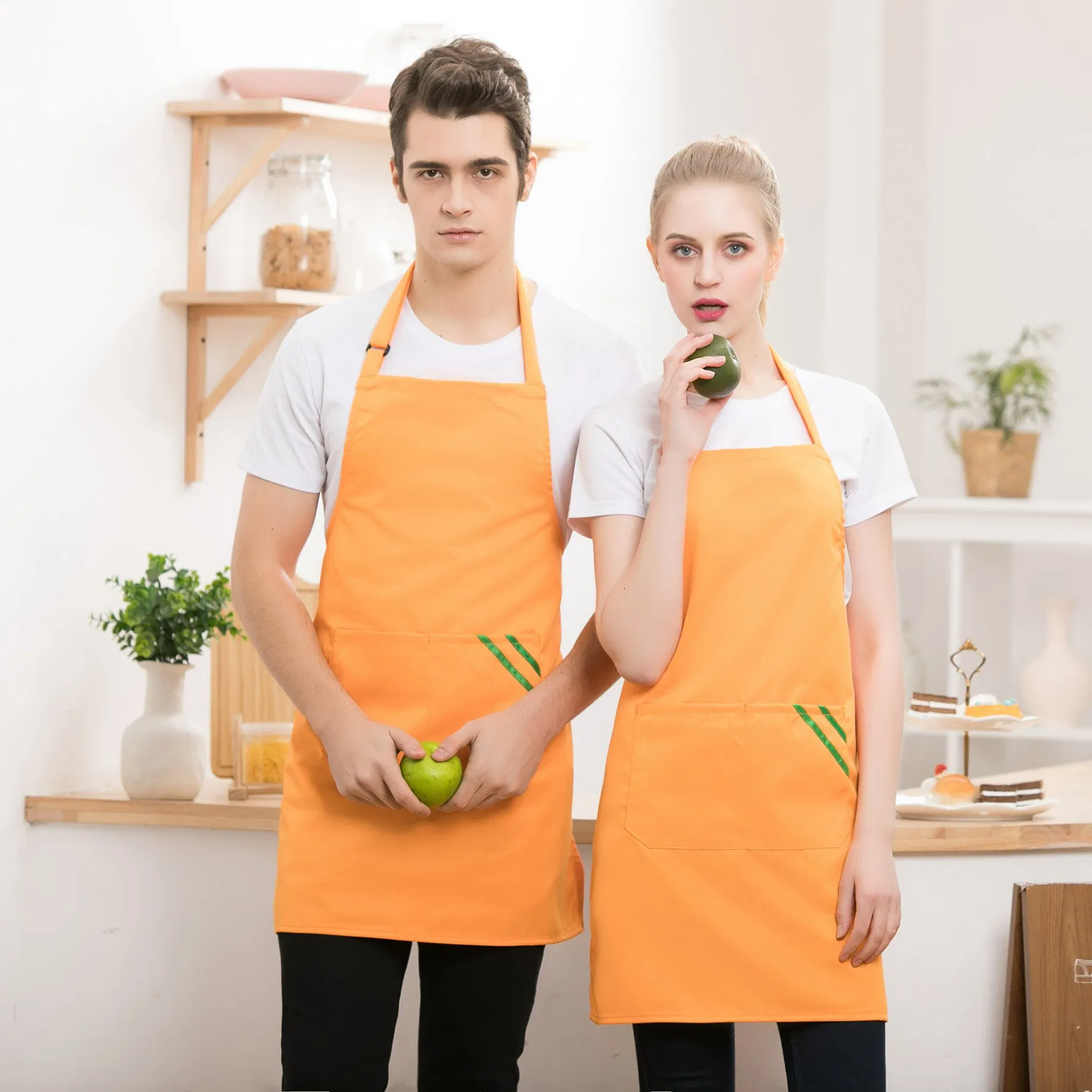 Minimalist Fashionable Male Female Waiters Wearing Neckline Aprons Cooking Apron