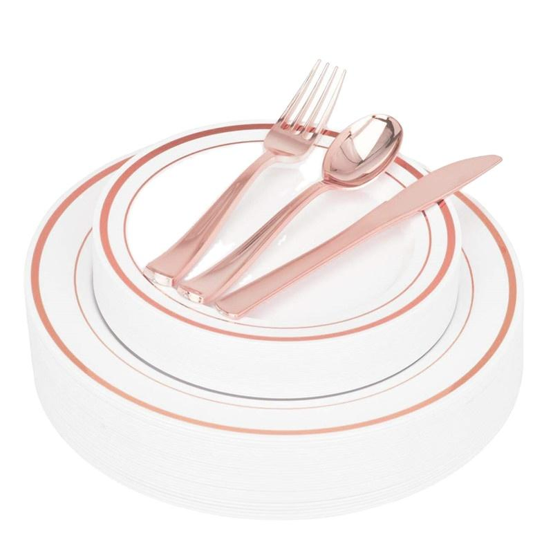 Plastic Party Combos Elegant Plastic Tableware Sets Rose Gold Wedding Dinner Plates Sets