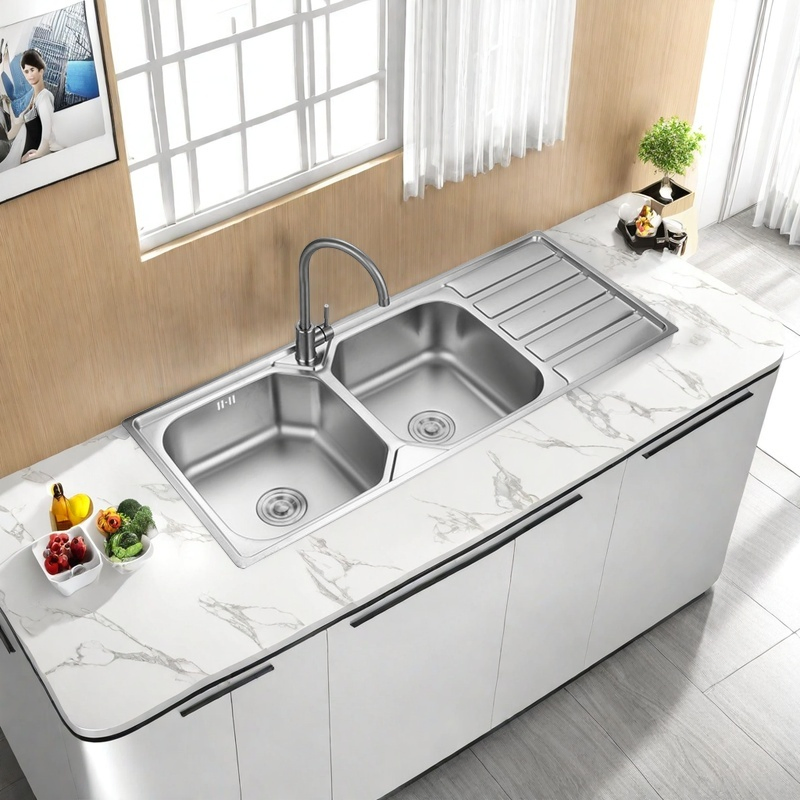 12050f-Stainless Steel Double-Basin Sink with Plates