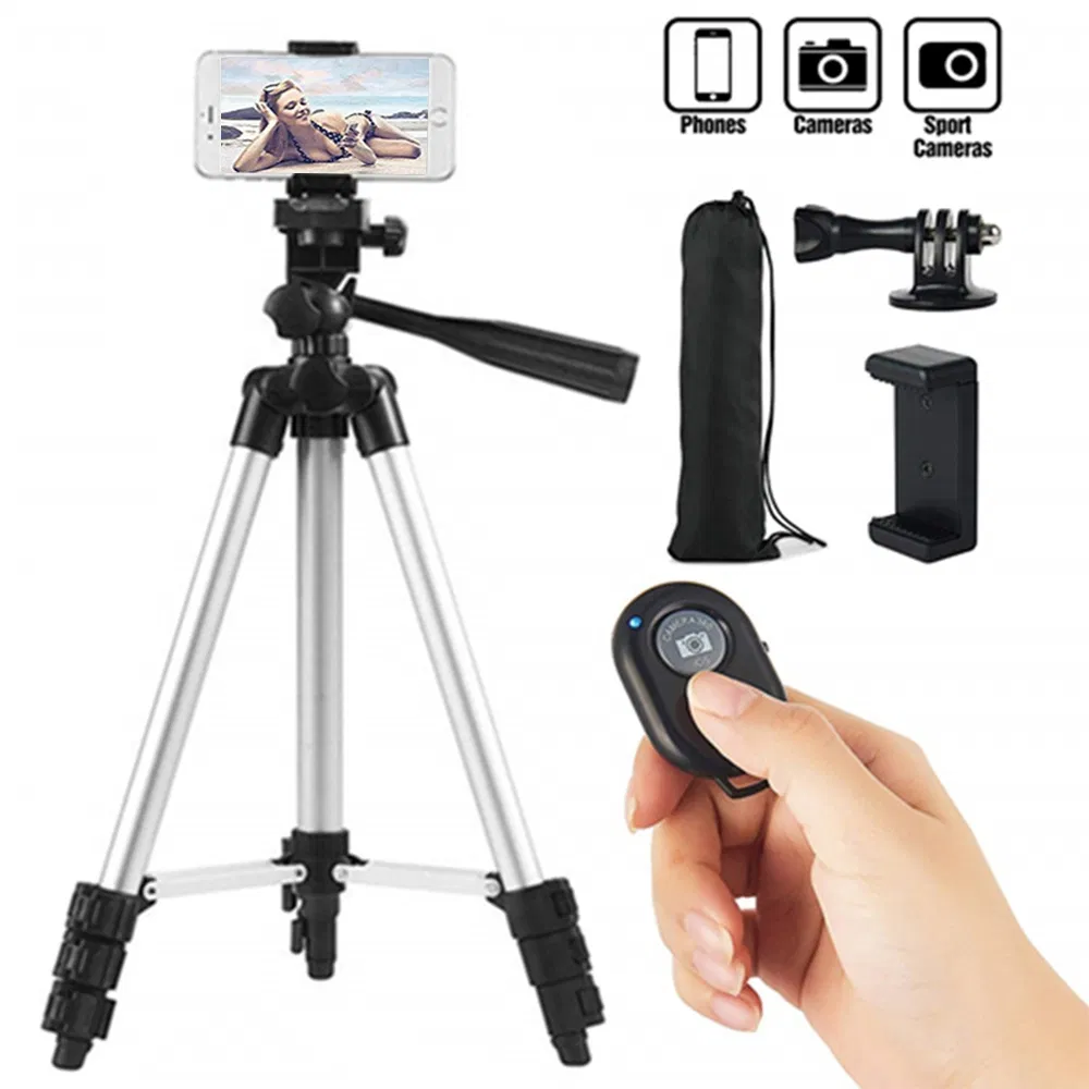 3110 Portable Aluminium Tripod 360-Degreed Horizontal Extendable Bracket Camera Phone Holder with Bluetooth Remote Control - Silver