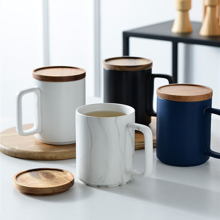 15oz Nordic Matte Black White Ceramic Coffee Mug with Wooden Lid Gift Box Coffee Cup