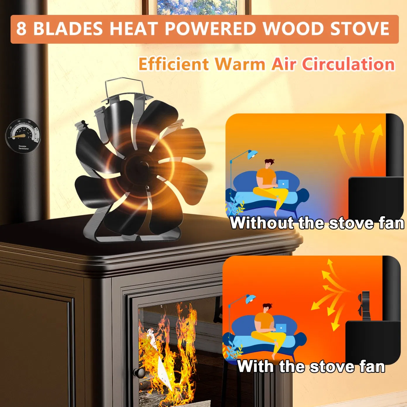 High-Cfm Multi-Blade Fireplace Insert Fan - Powerful & Silent Heat Circulation Blower for Fireplaces