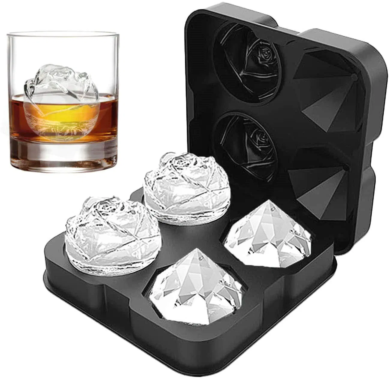 BPA Free 2.5inch 3D Rose Diamond Ice Cube Silicone Mold Tray