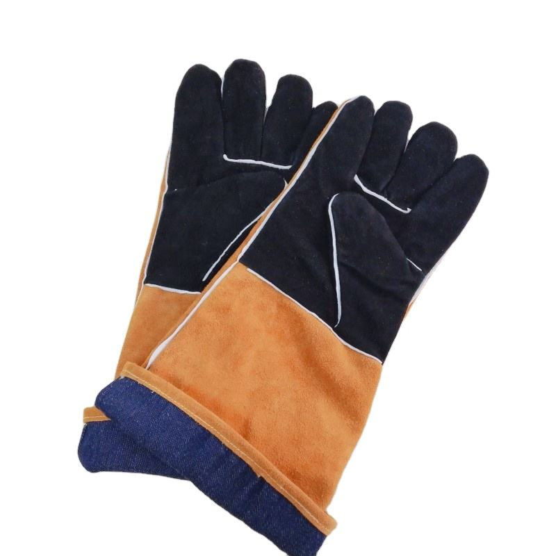 L41cm Cowhide Leather Baking Oven Mitts Grill Mitten with Long Sleeves Heat Resistant BBQ Gloves