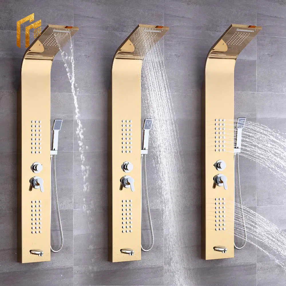 Brushed Gold Waterfall SUS304 Bath Tub Bathtub Bath Bathroom Shower Faucet and Wall Panels Set