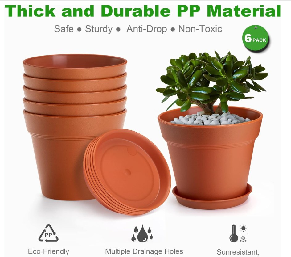 4 Inch Plastic Plant Pots 6 Pack, Small Flower Pots with Drainage Holes and Tray