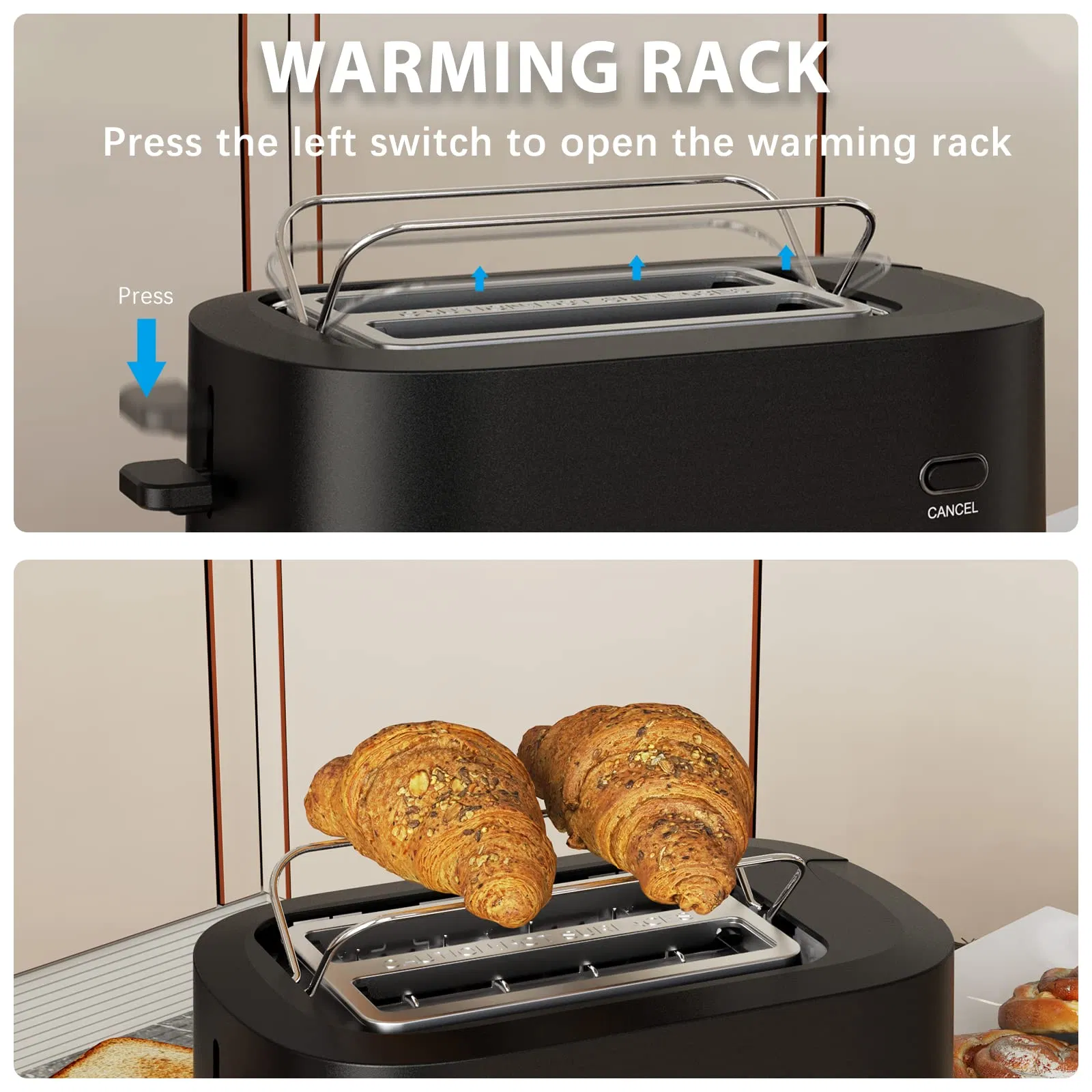 Factory Outlet 900W Wide Slots Warming Rack Compact 2 Slice Toaster