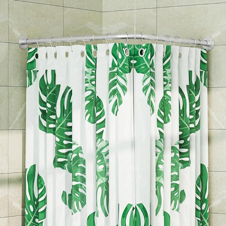 Sanipro Adjustable Tension Shower Curtain Poles L Shaped Bathroom Corner Shower Curtain Rod Set with Ceiling Support Ring Hook