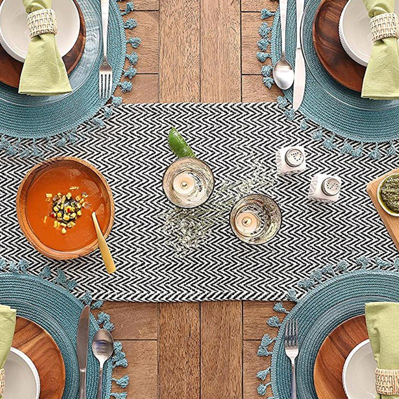 Cotton Linen Braided Vintage Woven Farmhouse Table Runner Decorations with Tassel