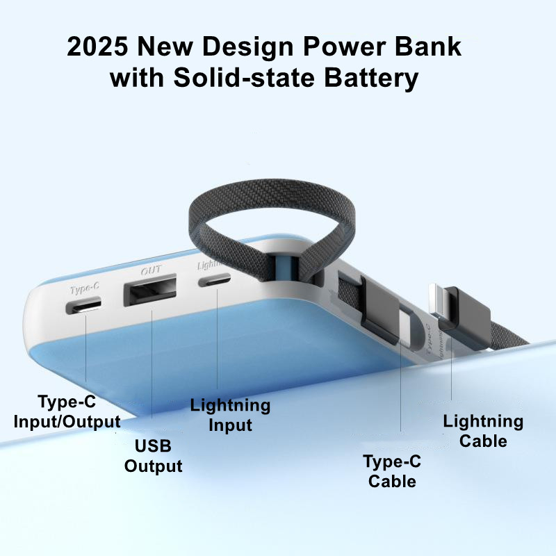 2026 New Design Power Bank with Solid-State Battery, Outdoor Portable Power Bank with Built-in Cable 22.5W Fast Charge 10000 mAh Large Capacity Mobile Power