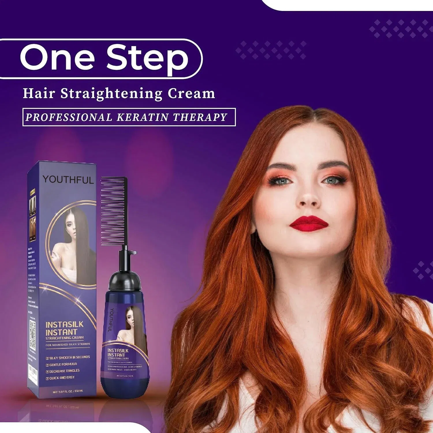 Youthful Instant Hair Straightener Cream with Applicator Comb Brush
