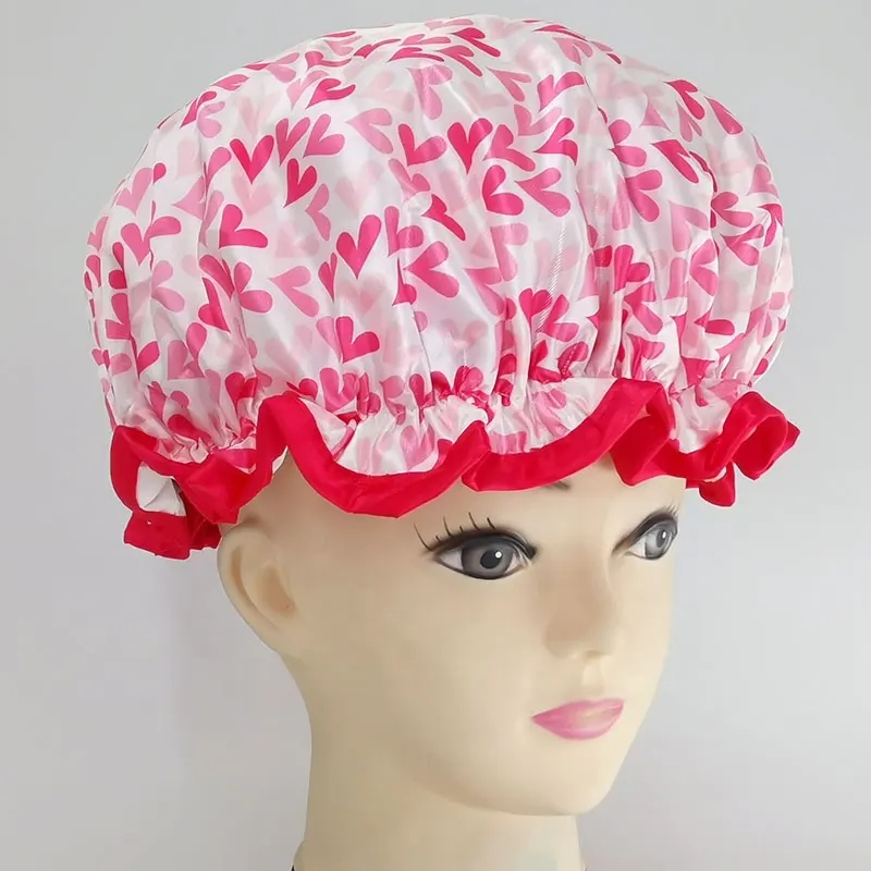 High Quality Loving Heart Printing Shower Caps Satin Waterproof Shower Cap