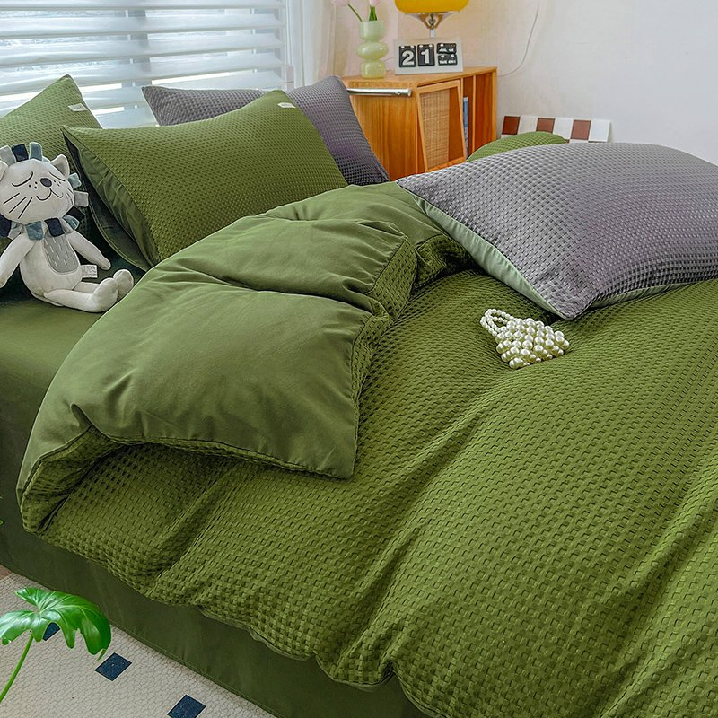 Washed Microfiber Waffle Solid 4PCS Bedsheet Set with Duvet Cover Flat Bedsheet for Hotel Home Wedding