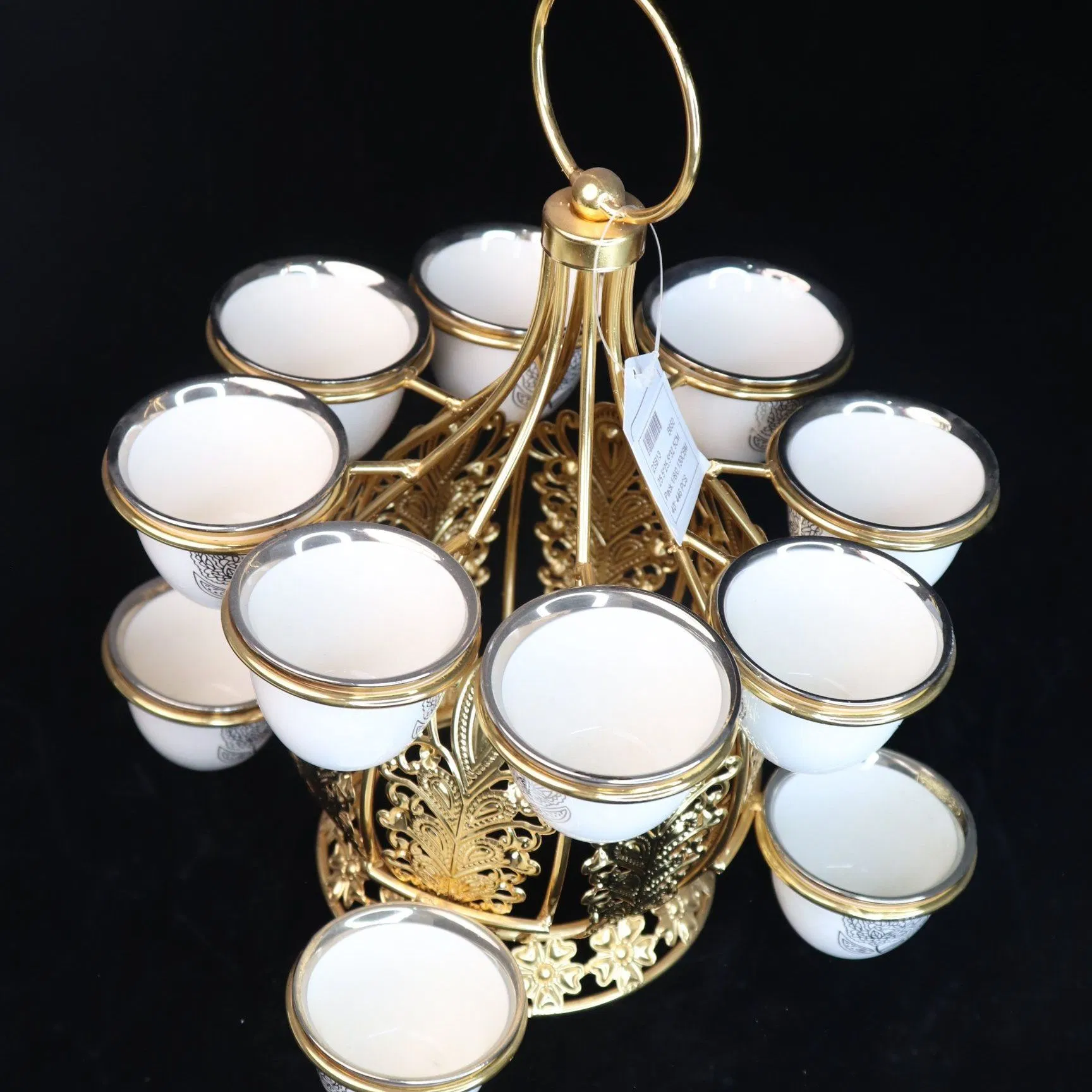 Decorative Gold-Plated Iron Frame with 12 Ceramic Tea Cup Ornaments Set