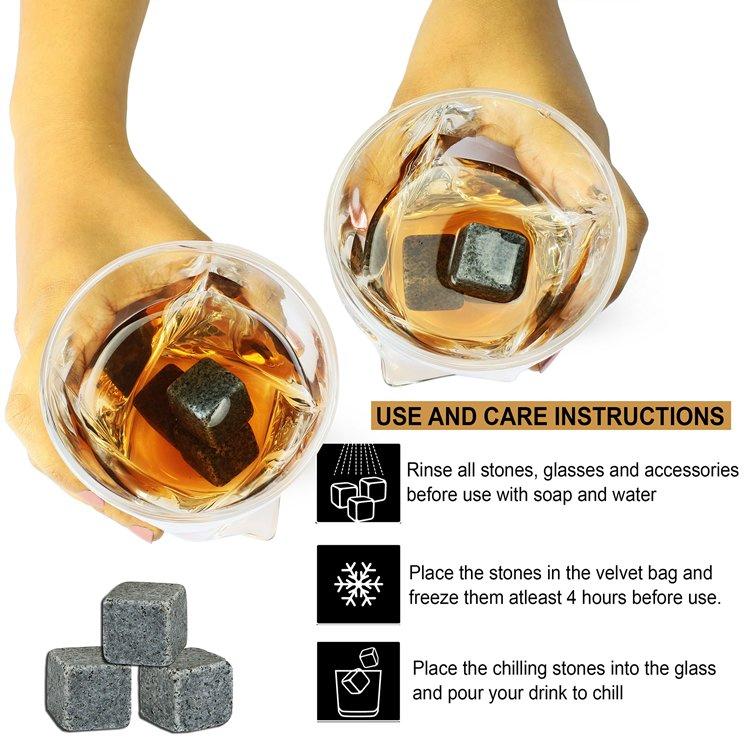Custom Logo Square Crystal Whiskey Glasses and Whiskey Stones Gift Set with Coaster Reusable Whiskey Rocks Gift Set for Men