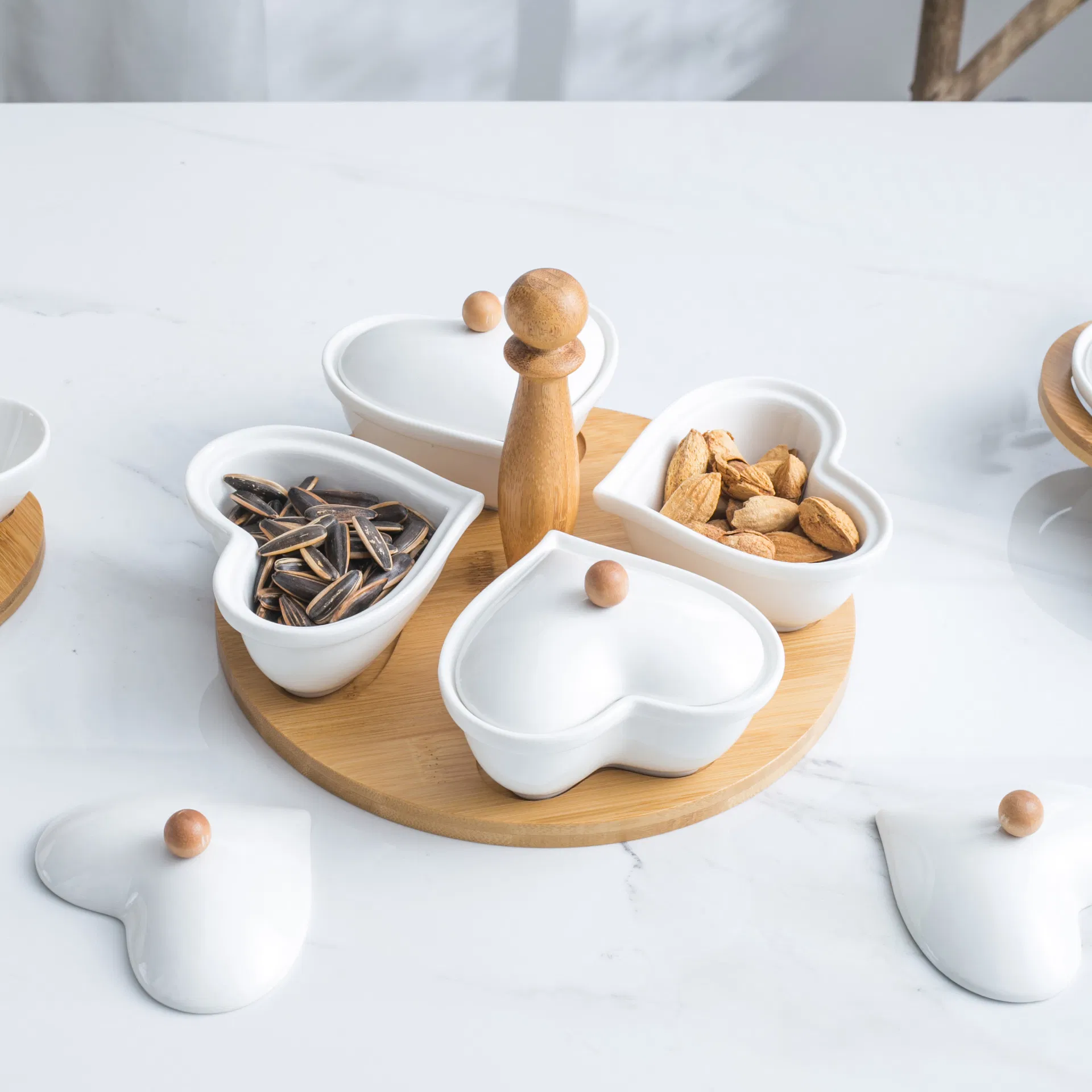 5in1 Divided Snack Veggie Fruit Nut Plate Flower Ceramic Tray