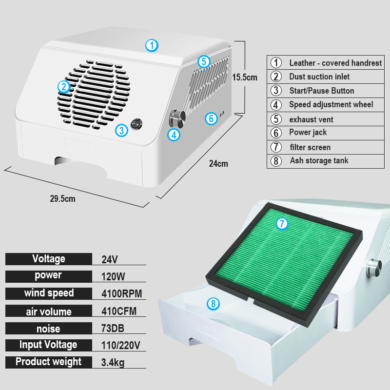 Powerful 120W Professional Manicure Nail Vacuum Dust Collector Extractor (2PCS HEPA Filters)
