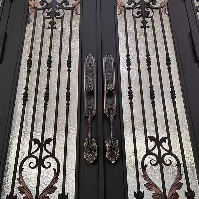 Golden Color Glass Steel Door with Pillar Residential Customized Design Steel Glass Transom Wrought Iron Doors