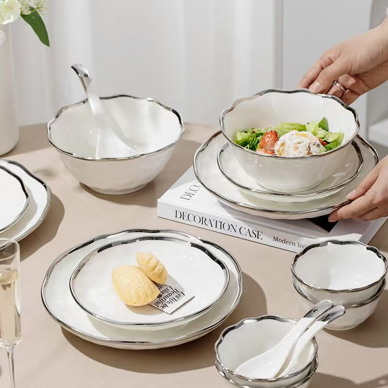 Luxury White Porcelain Dinner Set Featuring Elegant Silver Edging