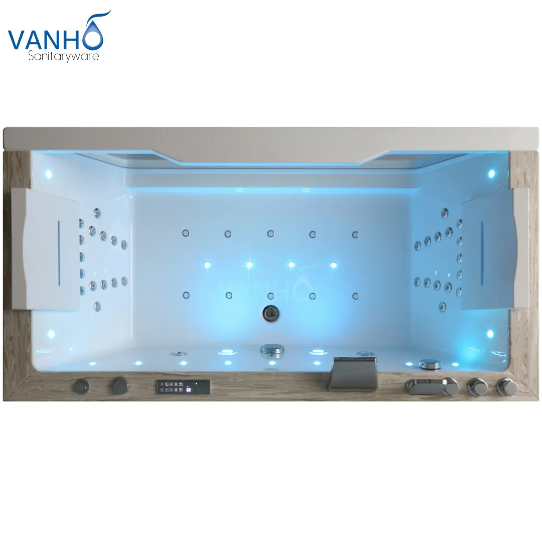 Угловая акриловая ванна с массажем и деревянной рамой