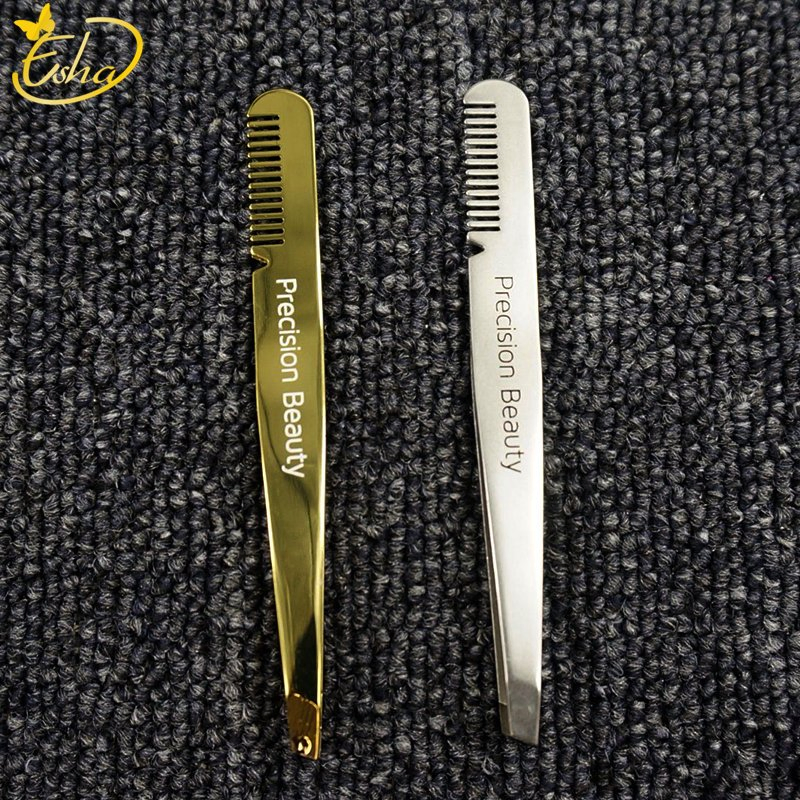 Eyelash Beauty Tool Slant Tip Eyelashes Cosmetic Tweezers with Attached Brow Comb