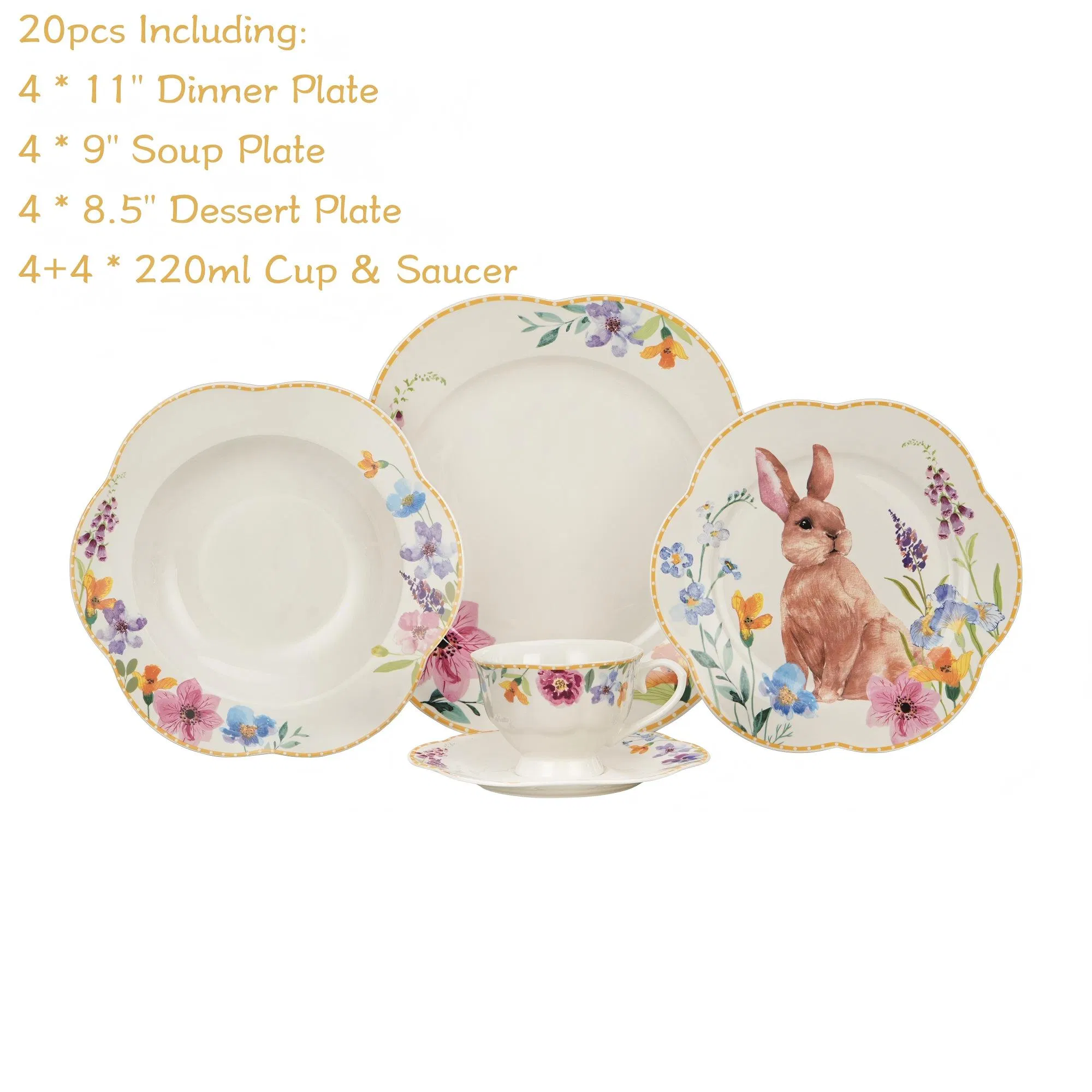 20-Piece OEM ODM Easter Day Bunny Design Ceramic Plate Porcelain Dinnerware Set