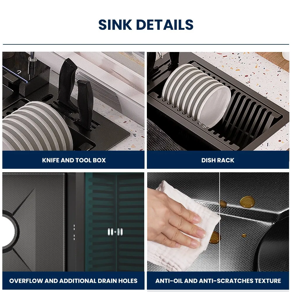 New Handmade Extended Stainless Steel Dish Bain Waterfall Kitchen Sink with Dish Rack 10046