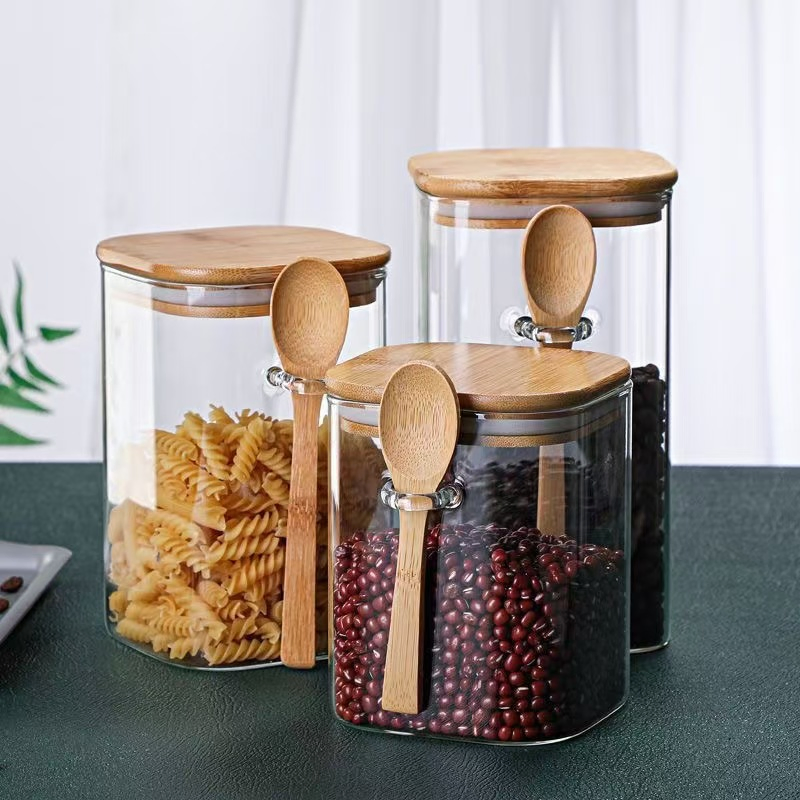 Набор стеклянных банок для кофе с деревянной крышкой и ложкой