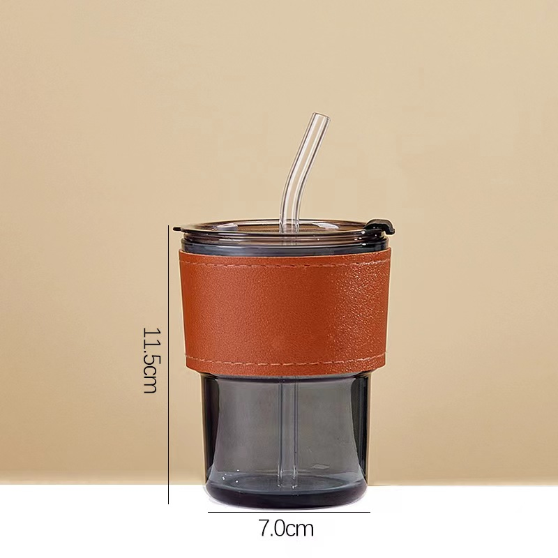 Glass Mug Tea Coffee Restaurant Vintage Amber Water Glass Cup with Lid and Straw