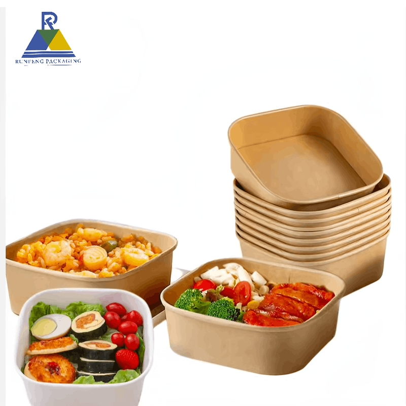 High Quality Custom Eco Friendly Disposable Kraft Paper Salad Square Paper Bowls with Lid