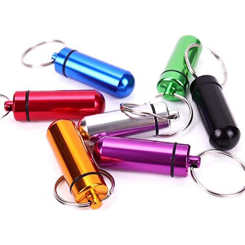 Custom Logo Print Waterproof Mini Aluminium Alloy Capsule Pill Holder Pill Box Pill Container with Keychain