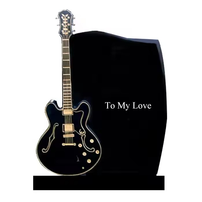 American Style Absolute Black Granite Guitar Headstone with Base for Cemetery Gravestones